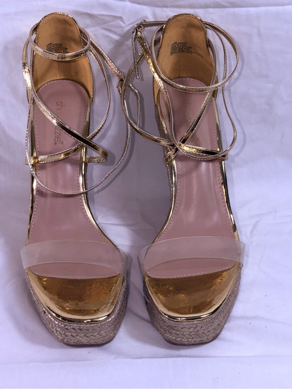 ShoeDazzle Women 11 Metallic Gold Espadrille Platform Wedge Sandals Clear Strap